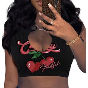 LovelyWholesale Women Graphic Crop Tank Tops Sexy Sleeveless Summer V Neck T Shirt