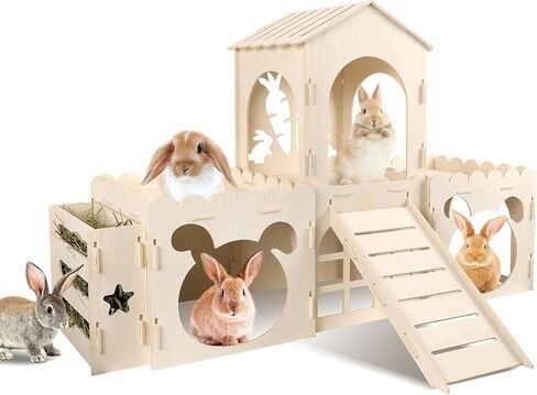 Extra Large Rabbit Castle, Wooden Bunny House & Hay Feeder, Detachable Rabbit Hideaway, Indoor Rabbit Castle with Ramp, Small Animal Houses & Habitats in Saudi Arabia