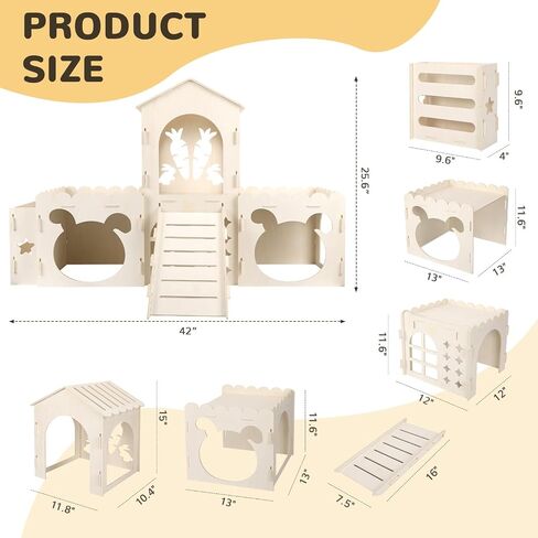 Extra Large Rabbit Castle, Wooden Bunny House & Hay Feeder, Detachable Rabbit Hideaway, Indoor Rabbit Castle with Ramp, Small Animal Houses & Habitats in Saudi Arabia