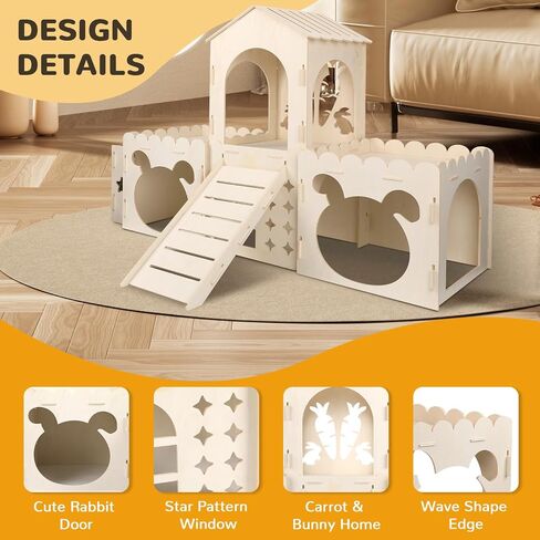Extra Large Rabbit Castle, Wooden Bunny House & Hay Feeder, Detachable Rabbit Hideaway, Indoor Rabbit Castle with Ramp, Small Animal Houses & Habitats in Saudi Arabia