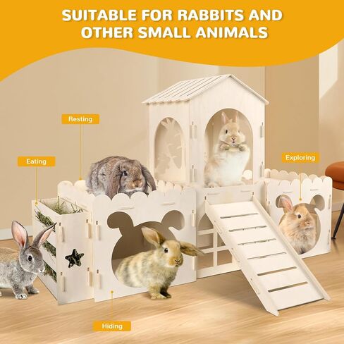 Extra Large Rabbit Castle, Wooden Bunny House & Hay Feeder, Detachable Rabbit Hideaway, Indoor Rabbit Castle with Ramp, Small Animal Houses & Habitats in Saudi Arabia