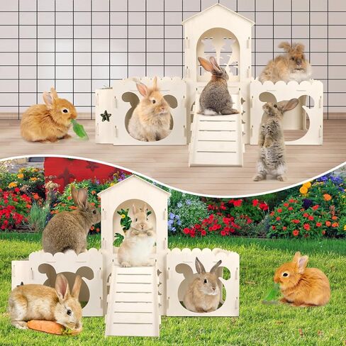 Extra Large Rabbit Castle, Wooden Bunny House & Hay Feeder, Detachable Rabbit Hideaway, Indoor Rabbit Castle with Ramp, Small Animal Houses & Habitats in Saudi Arabia