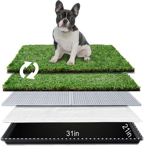 HQ4us Dog Grass Pad with Tray Large 34"×23" Dog Litter Box Toilet with 2×Artificial Grass for Dogs with Hemmed Edge, Pee Pads for Dogs, Realistic, Less Stink, Potty for Balcony in Kuwait