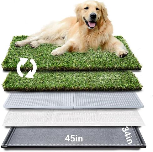 HQ4us Dog Grass Pad with Tray Large 34"×23" Dog Litter Box Toilet with 2×Artificial Grass for Dogs with Hemmed Edge, Pee Pads for Dogs, Realistic, Less Stink, Potty for Balcony in Kuwait