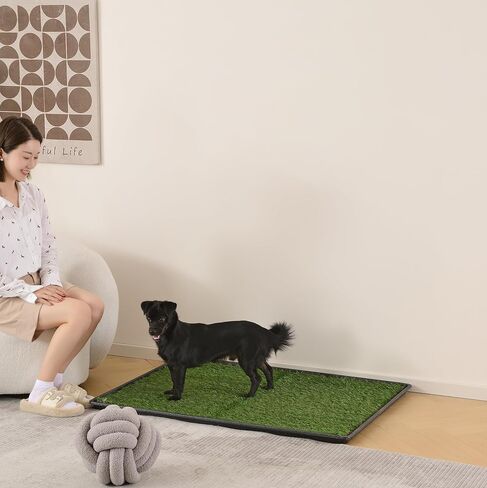 HQ4us Dog Grass Pad with Tray Large 34"×23" Dog Litter Box Toilet with 2×Artificial Grass for Dogs with Hemmed Edge, Pee Pads for Dogs, Realistic, Less Stink, Potty for Balcony in Kuwait