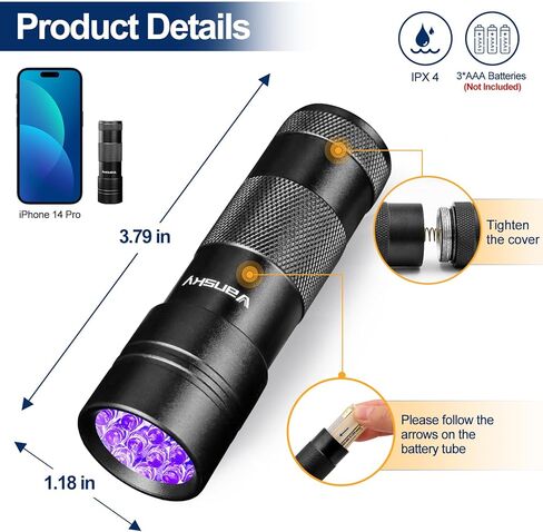 Vansky Black Light UV Flashlight Blacklight 12 LED Urine Detector for Dog/Cat/Pet Urine & Dry Stains and Bed Bug On Carpets/Rugs/Floor,Matching with Pet Odor Eliminator in Kuwait