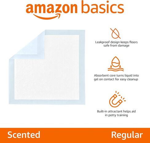 منصات جرو Amazon Basics للتدريب على القعادة وسلسها ، وتصميم مقاوم للتسرب من 5 طبقات ، وسطح سريع ، وحجم منتظم ، 22 × 22 بوصة ، معطرة ، حزمة من 100 ، الأزرق والأبيض in Kuwait