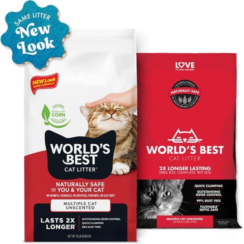 WORLD'S BEST CAT LITTER Multiple Cat Unscented, 32-Pounds - Natural Ingredients, Quick Clumping, Flushable, 99% Dust Free & Made in USA - Long-Lasting Odor Control & Easy Scooping in Kuwait