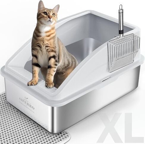 Stainless Steel Litter Box | XL Enclosed Cat Litter Box with Lid for Big Cats | High Sided, Anti-Urine Leakage | Non-Stick Bottom & Includes Litter Mat & Metal Scoop in Kuwait