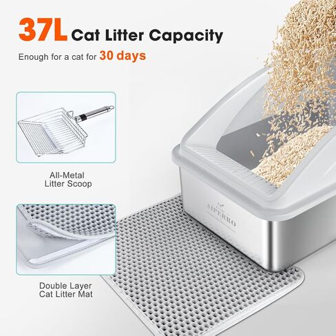 Stainless Steel Litter Box | XL Enclosed Cat Litter Box with Lid for Big Cats | High Sided, Anti-Urine Leakage | Non-Stick Bottom & Includes Litter Mat & Metal Scoop in Kuwait