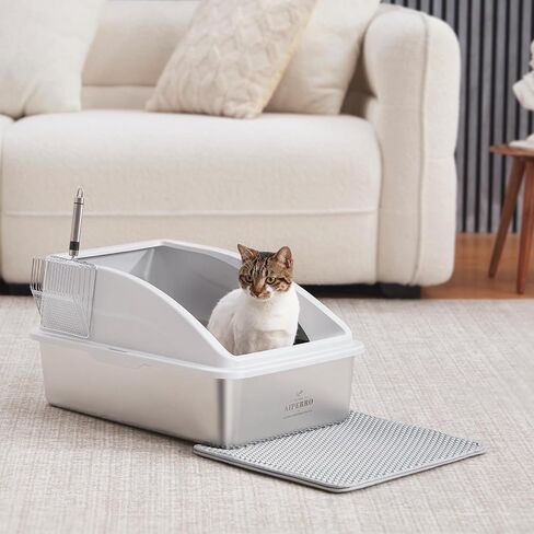 Stainless Steel Litter Box | XL Enclosed Cat Litter Box with Lid for Big Cats | High Sided, Anti-Urine Leakage | Non-Stick Bottom & Includes Litter Mat & Metal Scoop in Kuwait