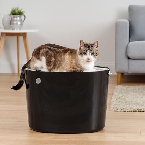 IRIS USA Cat Litter Box, Top Entry Litter Box with Scoop, Stylish Round Cat Litter Box Enclosure, Kitty Litter Box, White/Beige in Saudi Arabia