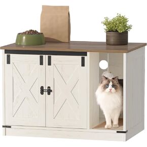 Cat Litter Box Enclosure, Hidden Litter Box Cabinet Furniture with Cat Bell, Indoor Cat House, Farmhouse Style, 31.5 x 19.7 x 20.9Inches, for Hallway, Bedroom, Rustic Brown and White CB82414X