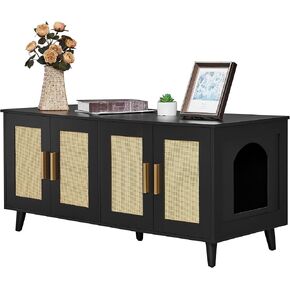 Homhedy Boho Cat Litter Box Enclosure for 2 Cats,Litter Box Furniture Hidden with Double Rattan Decorated Doors,Wooden Cat Washroom Furniture,Cat House,47.2"L x 19.7"W x 21.7"H, Natural