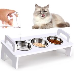 Elevated Cat Food Bowl, 3 Stainless Steel Raised Cat Bowls with Stand, 15°Tilted Cat Bowl for Indoor Cats, Cat Food and Water Bowl Set, Anti Vomitting, Whisker Fatigue and Dishwasher Safe - Natural