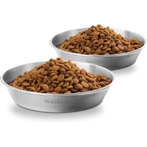 Cat Bowls, 2 Pcs Stainless Steel Cat Bowls for Food and Water, Whisker Fatigue Shallow Non-Slip Cat Dishes Plates for Small Dog Puppies Cats