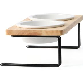 FUKUMARU Elevated Cat Ceramic Bowls, Small Dog 15° Tilted Raised Food Feeding Dishes, Solid Bamboo Water Stand Feeder Set for Cats and Puppy