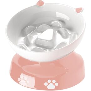Y YHY Ceramic Cat Slow Feeder, Elevated Cat Food Bowl Tilted Design, Dog Slow Feeder Bowl no Black Chin, Cat Shape Slow Feeder for Dry and Wet Food