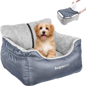 BurgeonNest Dog Car Seat for Small Dogs, Fully Detachable and Washable Cat Carseats Under 25 lbs, Soft Pet Booster Seats with Storage Pockets and Clip-On Leash Portable Car Travel Carrier Bed, Black