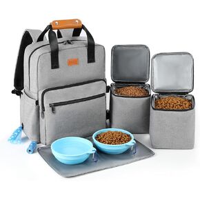 Dog Travel Bag, Airline Approved Organizer Backpack with Multi-Function Pockets, 25L Accessories Set with 2 Food Storage Containers, 2 Foldable Bowls for Weekend