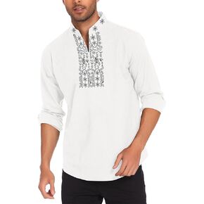 COOFANDY Men's Henley Shirt Vyshyvanka Long Sleeve African Print Shirts Casual Zip Up Cotton Linen Beach Hippie Shirt