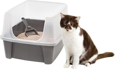 IRIS USA Large Cat Litter Box with Scatter Shield and Scoop, Open Top High Sided Cat Litter Pan, Black in Kuwait