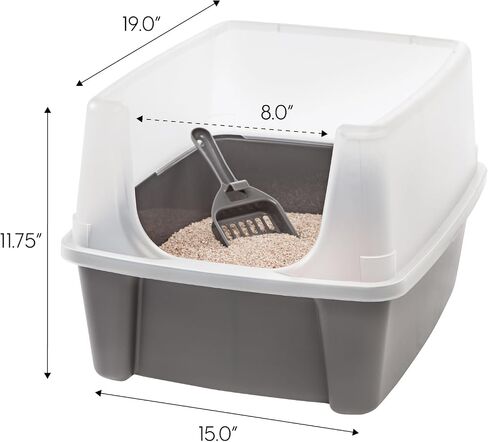 IRIS USA Large Cat Litter Box with Scatter Shield and Scoop, Open Top High Sided Cat Litter Pan, Black in Kuwait