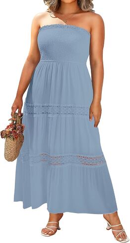 Women's Summer Maxi Dress Plus Size Strapless Tube Top Casual Beach Boho Smocked Long Flowy Sundress in Saudi Arabia