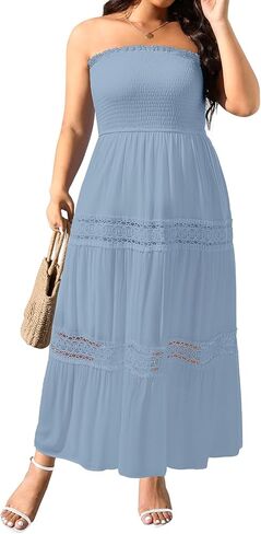 Women's Summer Maxi Dress Plus Size Strapless Tube Top Casual Beach Boho Smocked Long Flowy Sundress in Saudi Arabia