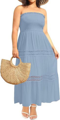 Women's Summer Maxi Dress Plus Size Strapless Tube Top Casual Beach Boho Smocked Long Flowy Sundress in Saudi Arabia