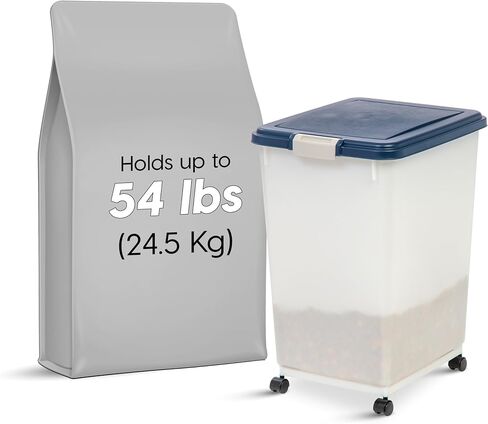 IRIS USA Airtight Pet Food Storage Container, Up to 54 lbs, Attachable Wheels, For Dog Cat Bird and Other Pet Food Storage Bin, Keep Fresh, Easy Mobility, BPA Free, Navy/Pearl in Saudi Arabia