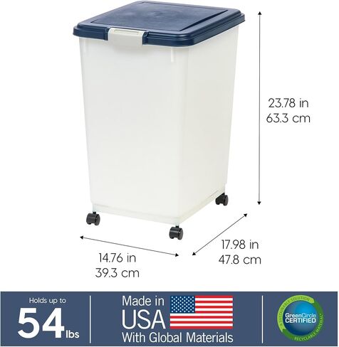IRIS USA Airtight Pet Food Storage Container, Up to 54 lbs, Attachable Wheels, For Dog Cat Bird and Other Pet Food Storage Bin, Keep Fresh, Easy Mobility, BPA Free, Navy/Pearl in Saudi Arabia