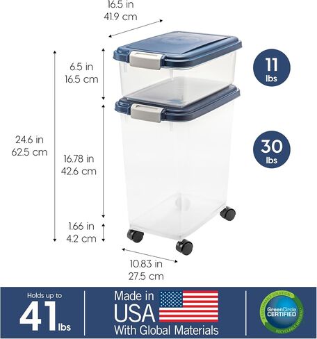IRIS USA 30 lbs & 11 lbs Combo Airtight Dog Food Storage Container, Stackable Treat Box, Wheels, Keep Fresh, Easy Mobility, Navy in Saudi Arabia