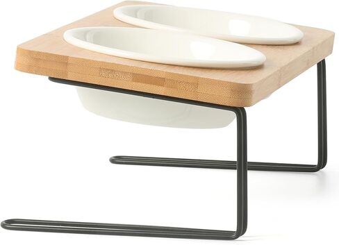 FUKUMARU Elevated Cat Ceramic Bowls, Small Dog 15° Tilted Raised Food Feeding Dishes, Solid Bamboo Water Stand Feeder Set for Cats and Puppy in Kuwait