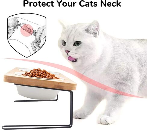 FUKUMARU Elevated Cat Ceramic Bowls, Small Dog 15° Tilted Raised Food Feeding Dishes, Solid Bamboo Water Stand Feeder Set for Cats and Puppy in Kuwait