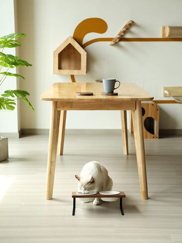 FUKUMARU Elevated Cat Ceramic Bowls, Small Dog 15° Tilted Raised Food Feeding Dishes, Solid Bamboo Water Stand Feeder Set for Cats and Puppy in Kuwait