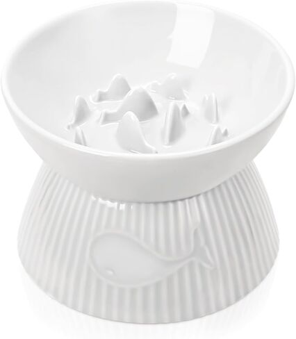 Raised Cat Slow Feeder, Ceramic Slow Feeder Cat Bowl, Upgraded Ridges to Prevent Vomiting and Indigestion, No Spill High Edge for Dry/Wet Food, Heavy and Stable, Easy to Clean Pet Bowls in Kuwait