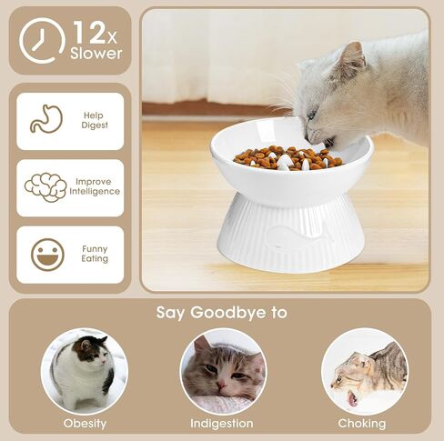 Raised Cat Slow Feeder, Ceramic Slow Feeder Cat Bowl, Upgraded Ridges to Prevent Vomiting and Indigestion, No Spill High Edge for Dry/Wet Food, Heavy and Stable, Easy to Clean Pet Bowls in Kuwait