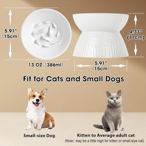 Raised Cat Slow Feeder, Ceramic Slow Feeder Cat Bowl, Upgraded Ridges to Prevent Vomiting and Indigestion, No Spill High Edge for Dry/Wet Food, Heavy and Stable, Easy to Clean Pet Bowls in Kuwait