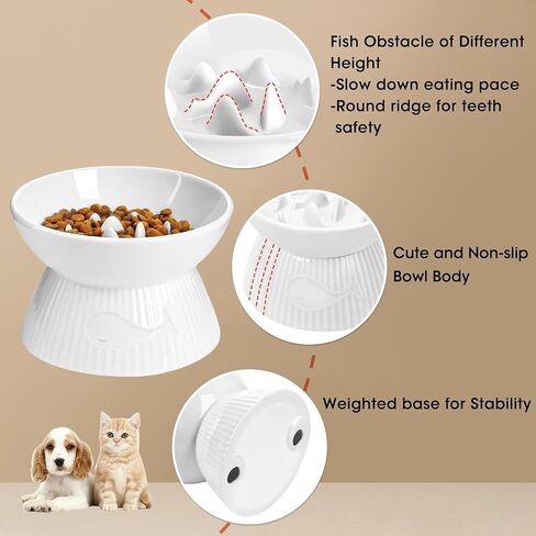 Raised Cat Slow Feeder, Ceramic Slow Feeder Cat Bowl, Upgraded Ridges to Prevent Vomiting and Indigestion, No Spill High Edge for Dry/Wet Food, Heavy and Stable, Easy to Clean Pet Bowls in Kuwait