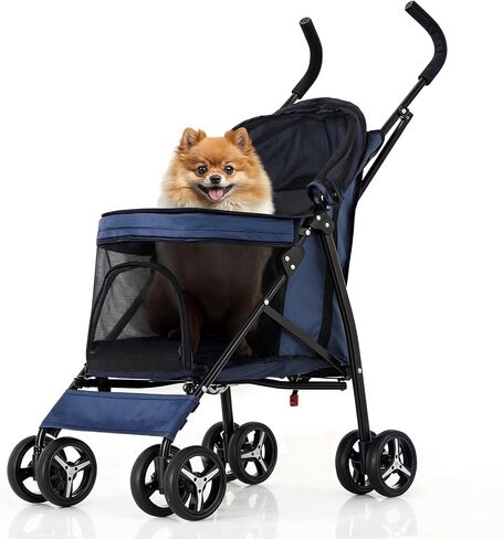 MoNiBloom 4 Wheels Pet Stroller, Easy-Fold Puppy Cage Jogger Stroller with Sun Cover, Pad and Rear Storage Bag, Breathable and Visible Mesh for Small/Medium Pets up to 22 lbs, Navy Blue in Kuwait