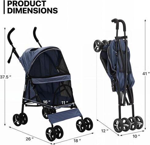 MoNiBloom 4 Wheels Pet Stroller, Easy-Fold Puppy Cage Jogger Stroller with Sun Cover, Pad and Rear Storage Bag, Breathable and Visible Mesh for Small/Medium Pets up to 22 lbs, Navy Blue in Kuwait