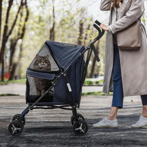MoNiBloom 4 Wheels Pet Stroller, Easy-Fold Puppy Cage Jogger Stroller with Sun Cover, Pad and Rear Storage Bag, Breathable and Visible Mesh for Small/Medium Pets up to 22 lbs, Navy Blue in Kuwait