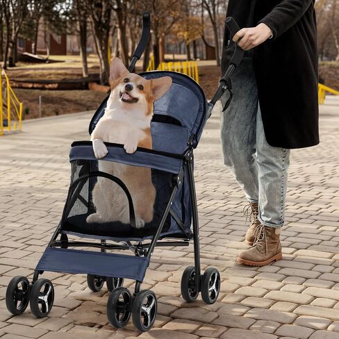MoNiBloom 4 Wheels Pet Stroller, Easy-Fold Puppy Cage Jogger Stroller with Sun Cover, Pad and Rear Storage Bag, Breathable and Visible Mesh for Small/Medium Pets up to 22 lbs, Navy Blue in Kuwait
