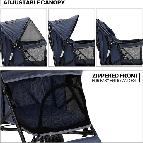 MoNiBloom 4 Wheels Pet Stroller, Easy-Fold Puppy Cage Jogger Stroller with Sun Cover, Pad and Rear Storage Bag, Breathable and Visible Mesh for Small/Medium Pets up to 22 lbs, Navy Blue in Kuwait