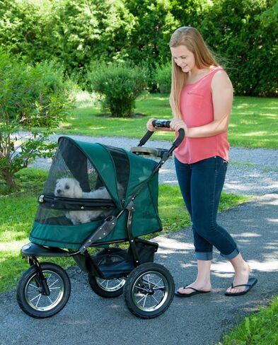 Pet Gear No-Zip Jogger Pet Stroller for Cats/Dogs, Zipperless Entry, Airless Tires, Easy One-Hand Fold, Cup Holder + Storage Basket, Green Clover in Kuwait