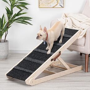 Wooden Adjustable Pet Ramp for All Dogs and Cats - Non Slip Carpet Surface and Foot Pads - 40" Long and Adjustable from 12" to 26" - Up to 200LBS - Folding Dog Car Ramps for SUV, Bed, Couch