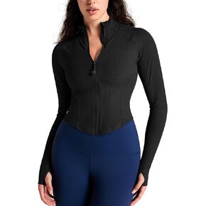 QUEENIEKE Women's Cropped Workout Jackets - Zip Up Long Sleeves Athletic Yoga Slim Fit BBL Running Jacket with Thumb Holes
