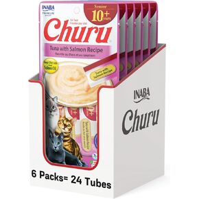 INABA Churu for Senior 10+, Creamy Lickable Cat Treats with Taurine, Vitamin E & C, 0.5 Ounces Each, 20 Tubes, Tuna Variety