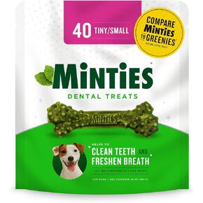 Minties Dental Chews for Dogs, 40 Count, Vet-Recommended Mint-Flavored Dental Treats for Medium Dogs 25-50 lbs, Dental Bones Clean Teeth, Fight Bad Breath, and Removes Plaque and Tartar